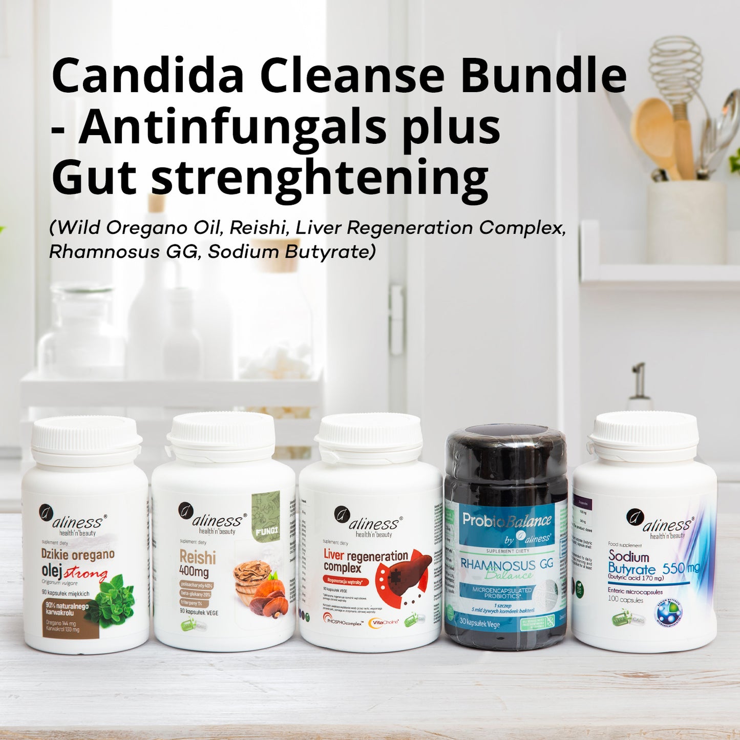 Candida Cleanse Bundle - Antinfungals plus Gut strenghtening (Wild Oregano Oil, Reishi, Liver Regeneration Complex, Rhamnosus GG, Sodium Butyrate)