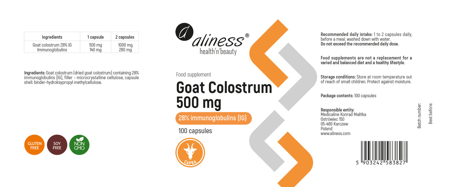 Aliness Colostrum Kozie IG 28% 500mg, 100 kapsułek