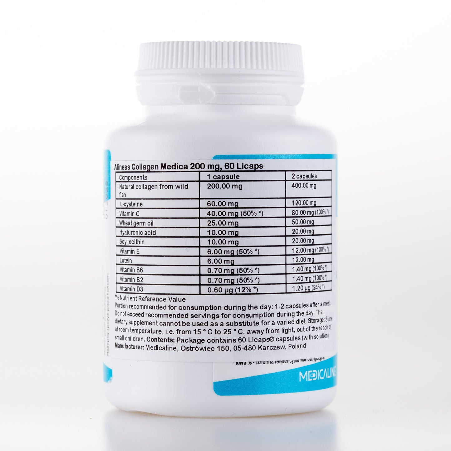 Aliness Kolagen Medica z kwasem hialuronowym 200 mg, 60 kapsułek LICAPS