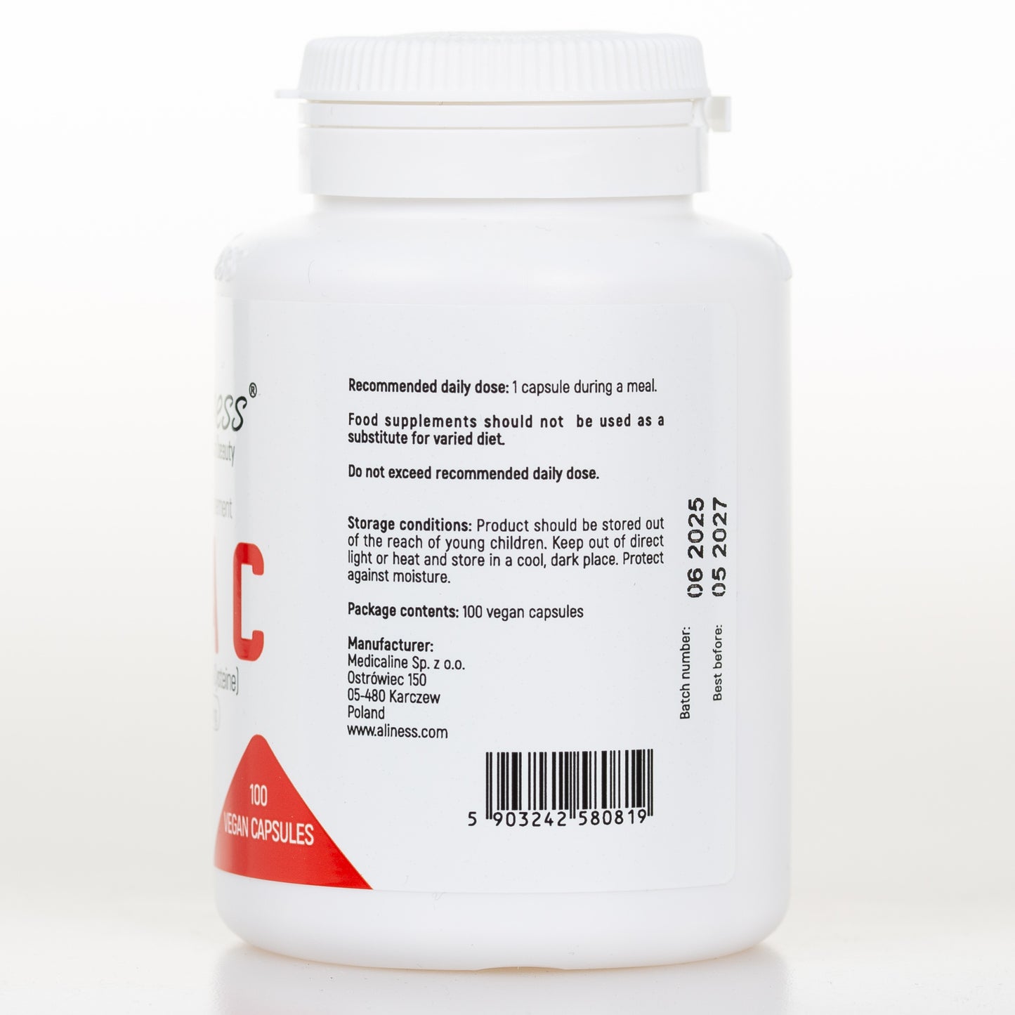 Aliness NAC kapsułki 490mg N-Acetyl-L-Cysteina, 100 kapsułek wegańskich