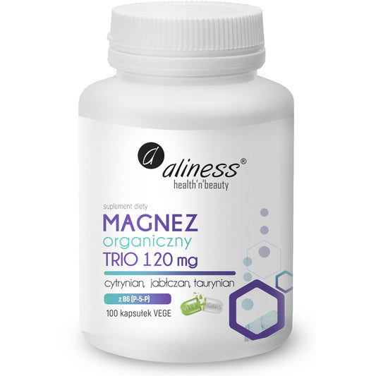 Organic Magnesium TRIO, 120 mg citrate, malate, taurate with vitamin B6 P-5-P, 5mg, 100 vegan capsules