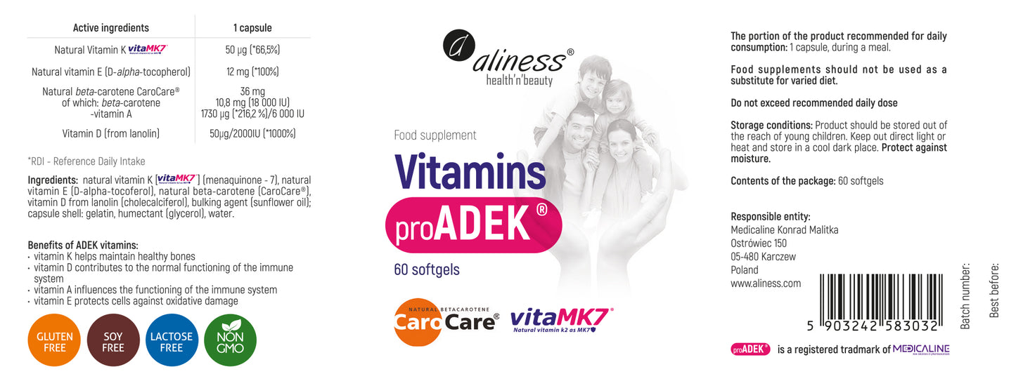 Aliness Witaminy Pro ADEK®, 60 kapsułek miękkich, Witamina A, D, E, K