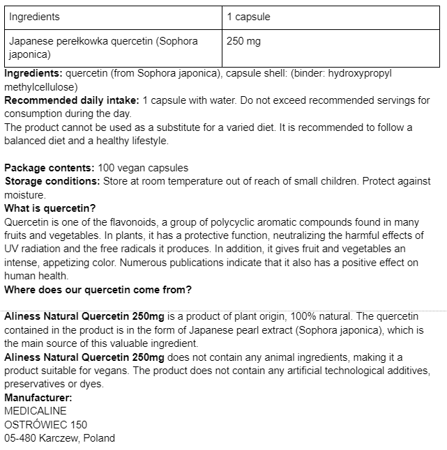 Natural Quercetin 250mg, 100 vegan capsules