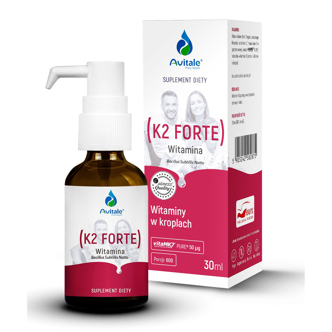Avitale K2 FORTE 50 µg x 30 ml (600 porcji), płynne witaminy w kroplach