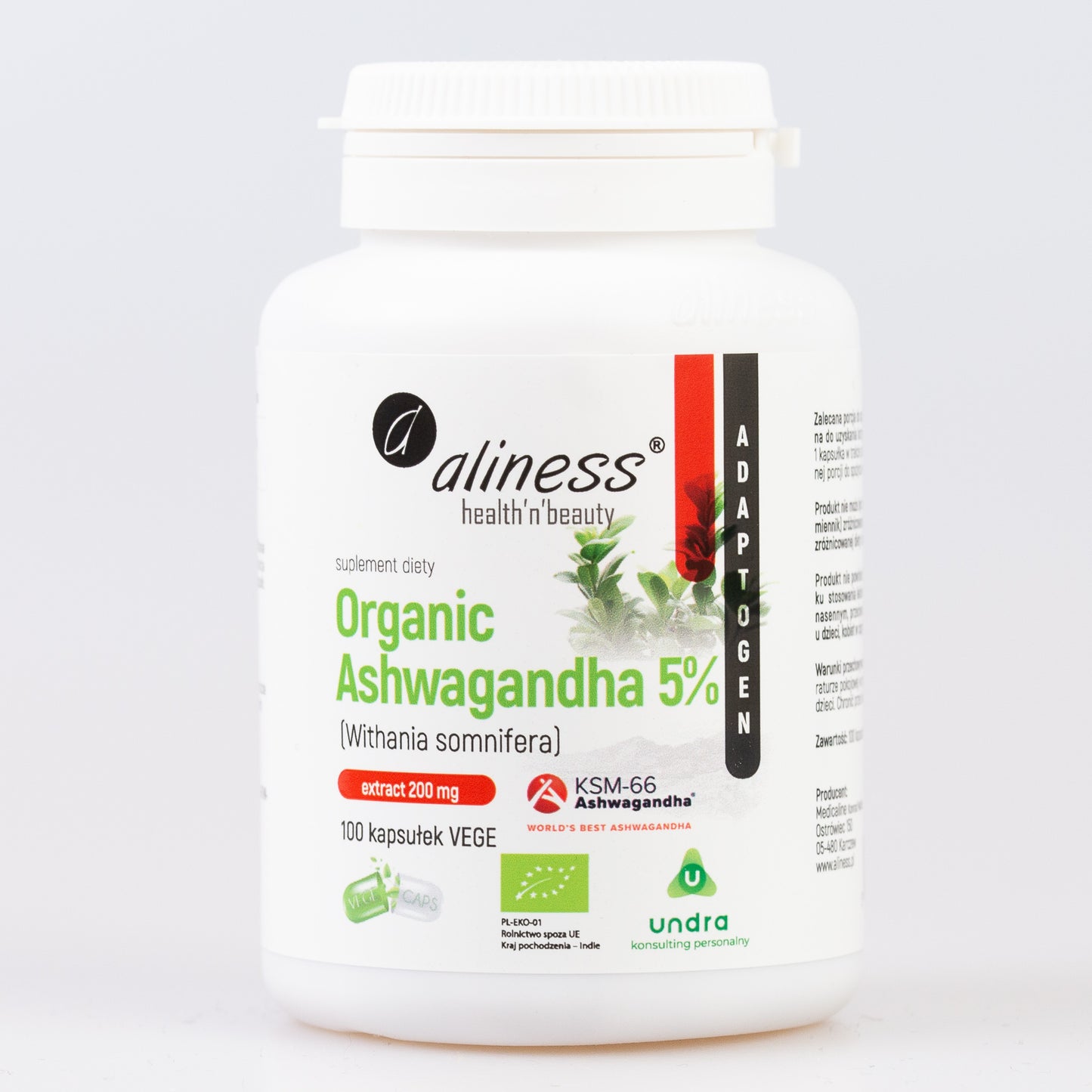 Aliness Organic Ashwagandha 5% KSM-66 200mg, 100 kapsułek wegańskich