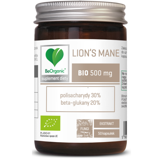BeOrganic, Ekstrakt BIO z grzyba Lwia Grzywa 30/20 500mg (Hericium erinaceus)
