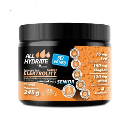 ALLHydrate, Senior Electrolyty bez potasu, Pomarańczowy 245g, 50 porcji, 