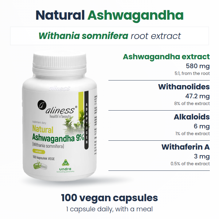 Aliness Naturalna Ashwagandha 580 mg 9%, 100 wegańskich kapsułek