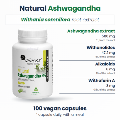 Aliness Naturalna Ashwagandha 580 mg 9%, 100 wegańskich kapsułek