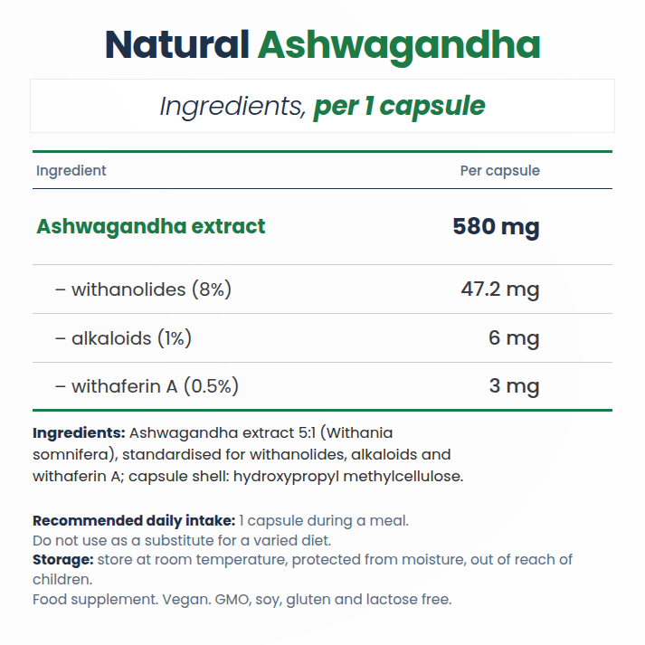 Aliness Naturalna Ashwagandha 580 mg 9%, 100 wegańskich kapsułek