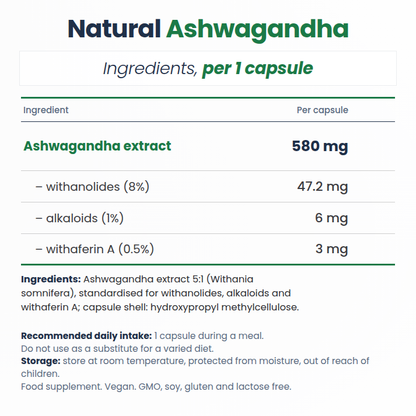 Aliness Naturalna Ashwagandha 580 mg 9%, 100 wegańskich kapsułek