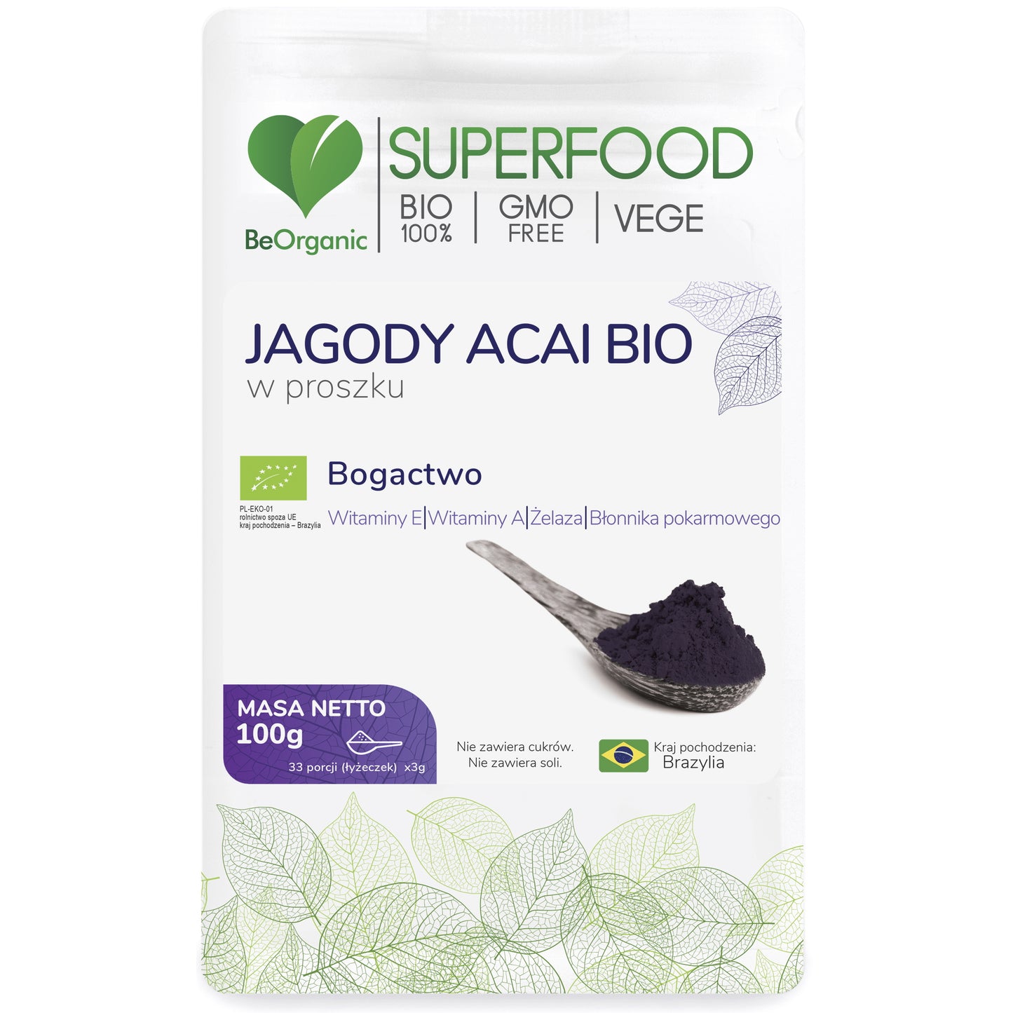 BeOrganic Jagody Acai w proszku, 100g