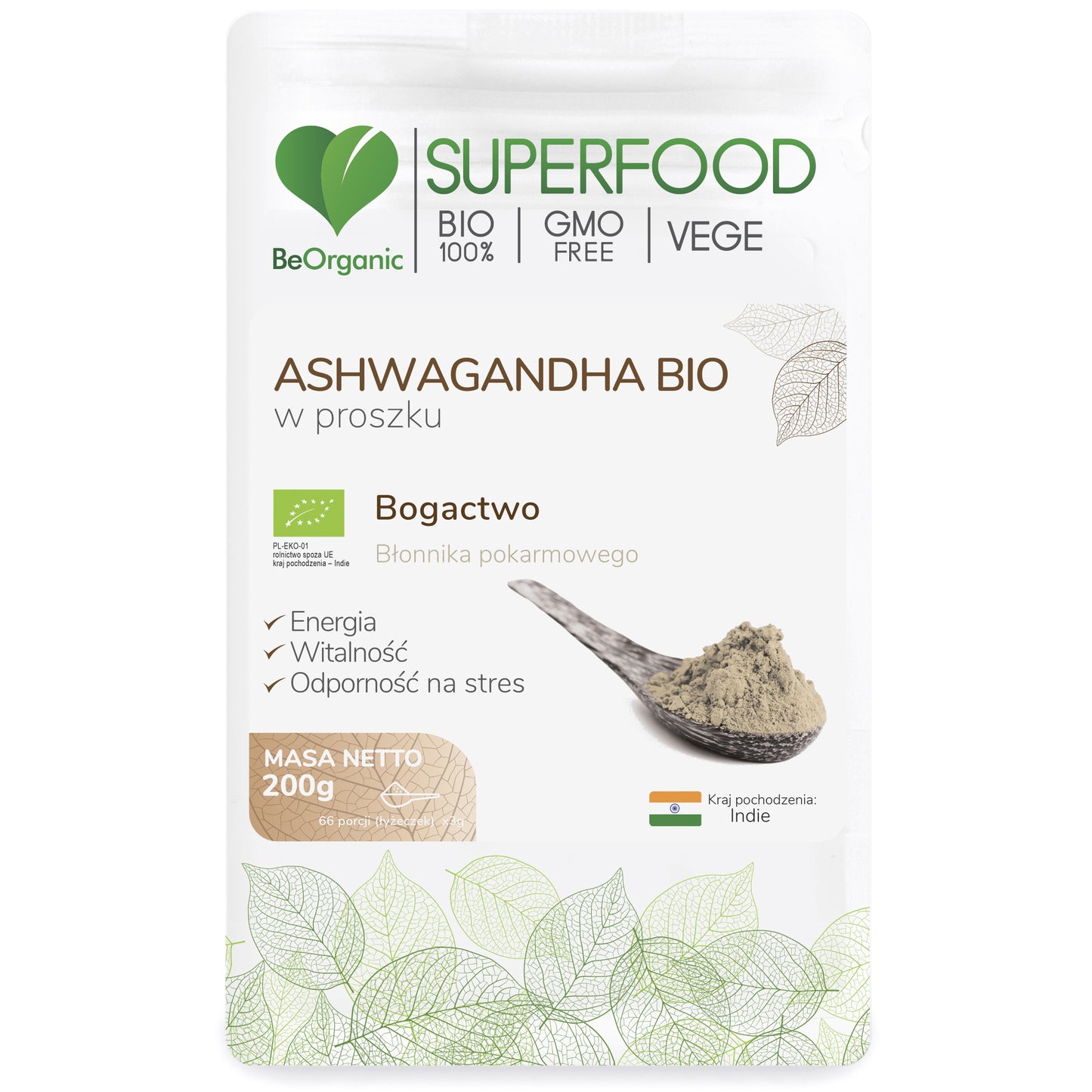 BeOrganic Ashwagandha wegański proszek, 200g