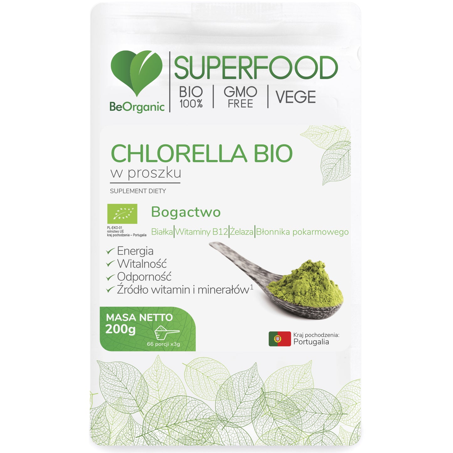 BeOrganic Chlorella w proszku, 200g