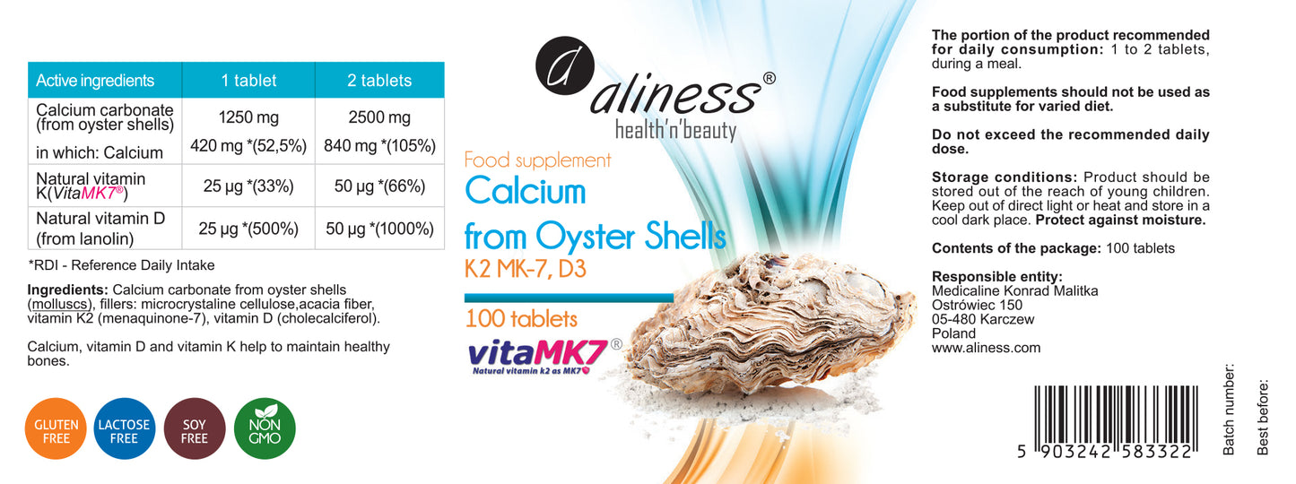 Oyster Shell Calcium with vitamins K2 and D3, 100 pills