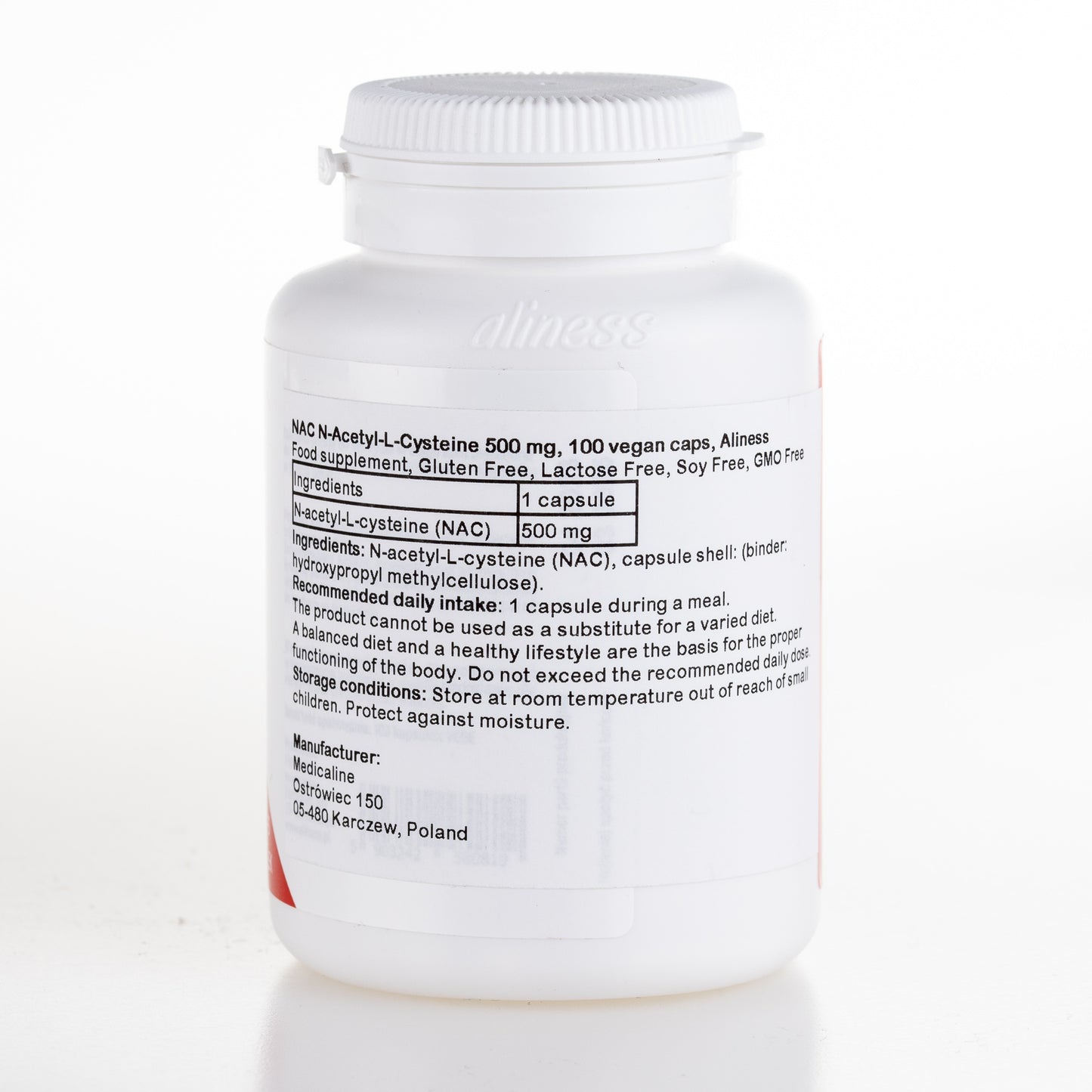 Aliness NAC kapsułki 490mg N-Acetyl-L-Cysteina, 100 kapsułek wegańskich