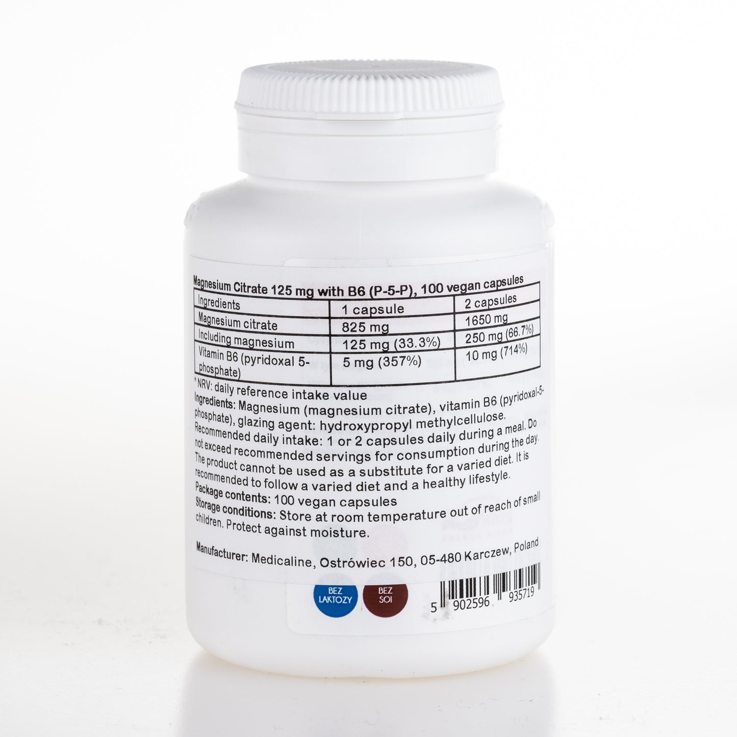 Magnesium Citrate with Vitamin B6 (P-5-P), 100 vegan capsules