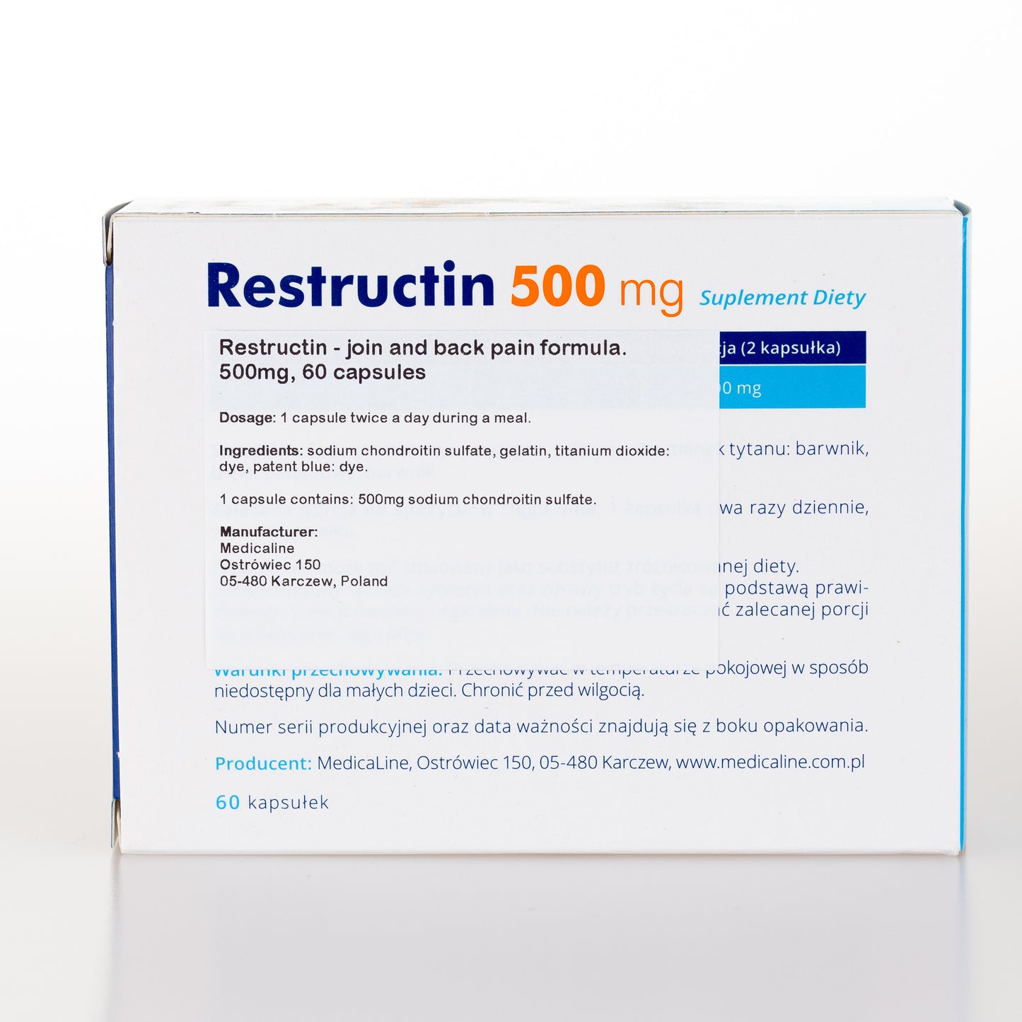 Restructin - formuła na stawy i ból pleców. 500mg, 60 kapsułek, Siarczan Chondroityny