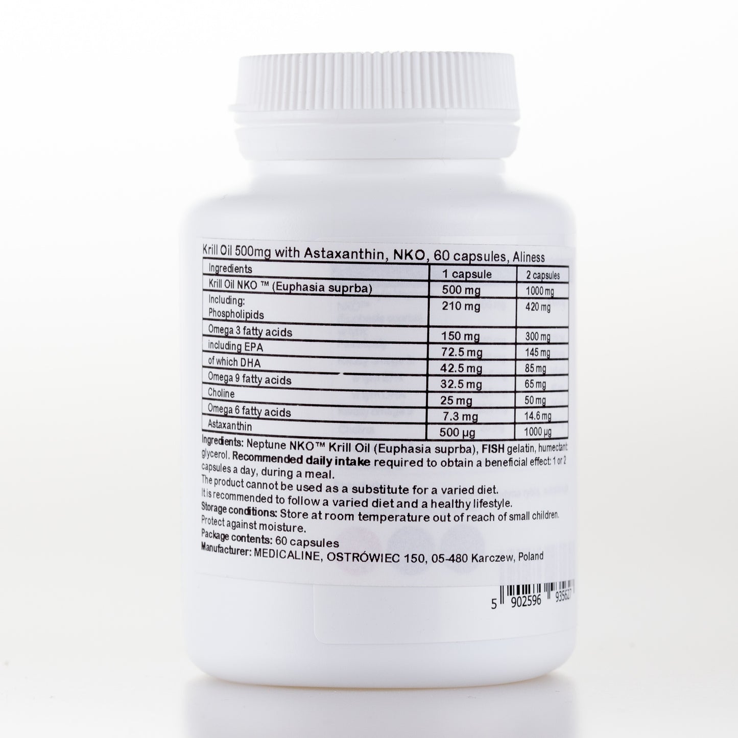 Aliness Krill Oil NKO Omega 3 z Astaksantyną, 500 mg, 60 kapsułek