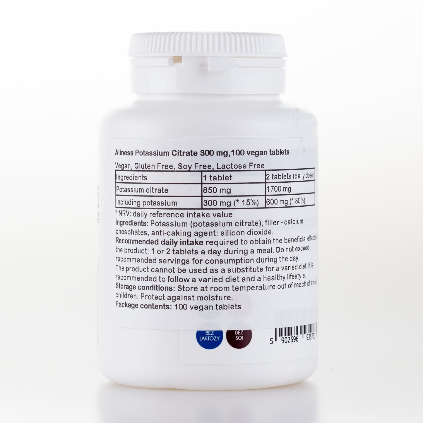 Aliness Cytrynian Potasu, 100 tabletek wegańskich