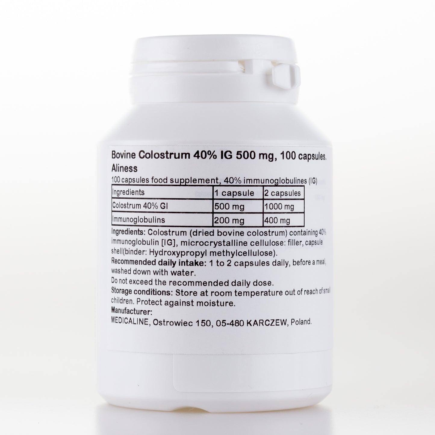 Aliness Colostrum Wołowe IG 40% 500 mg, 100 kapsułek