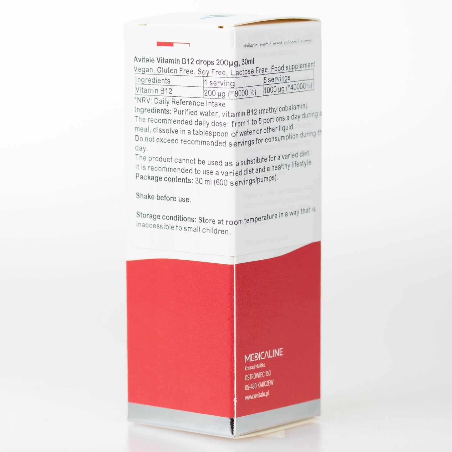 Avitale Witamina B12 w kroplach 200µg, 30ml, formuła oliwy z oliwek, wegańska