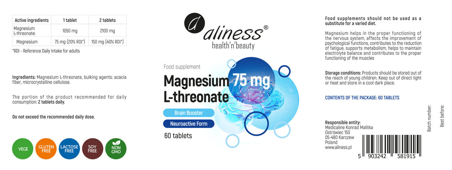 Aliness L-treonian magnezu, zapas na 1 miesiąc, Brain Booster 1050mg, 60 tabletek