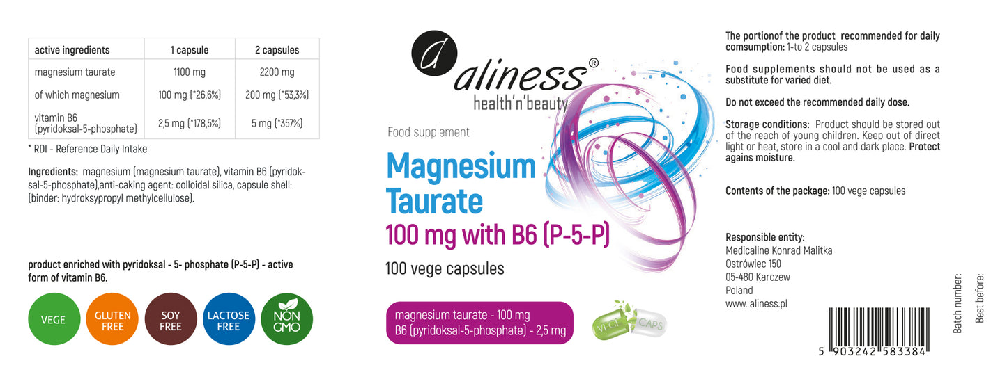 Aliness Taurynian Magnezu z Witaminą B6 (P-5-P), 100 kapsułek vege
