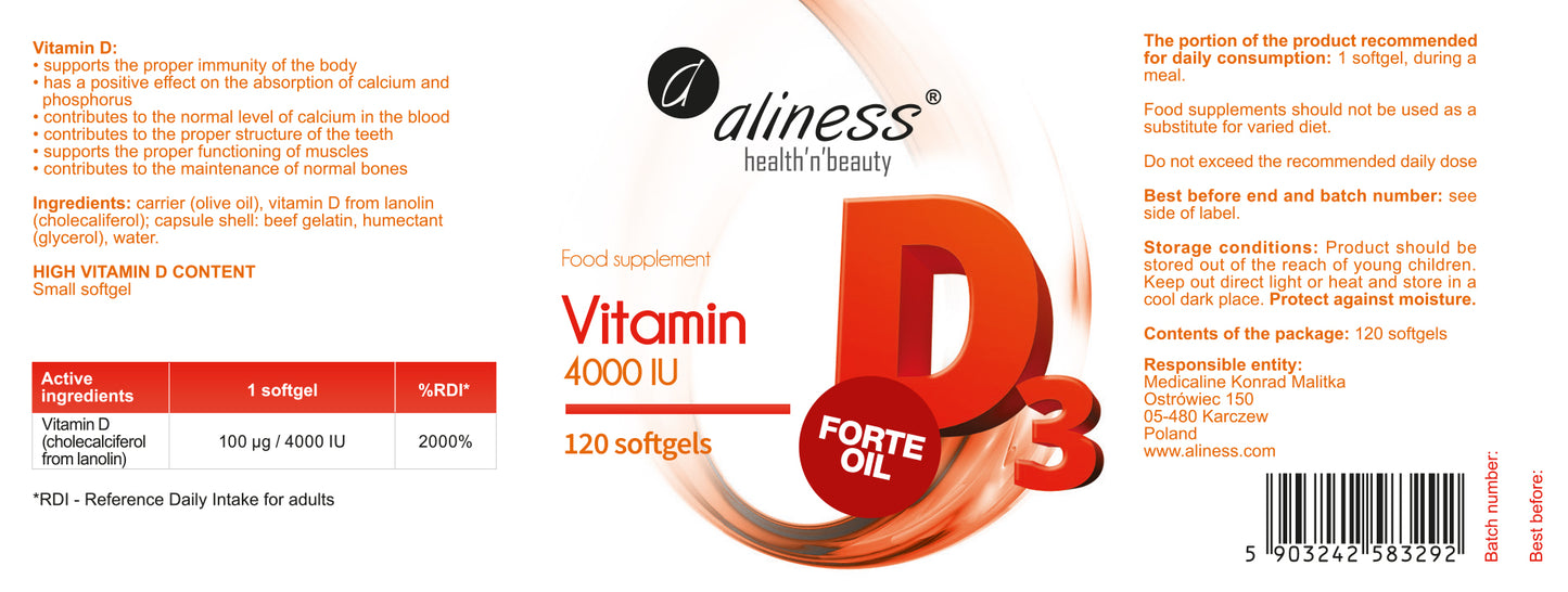 Aliness Witamina D3 FORTE Oil 4000 IU, 120 kapsułek