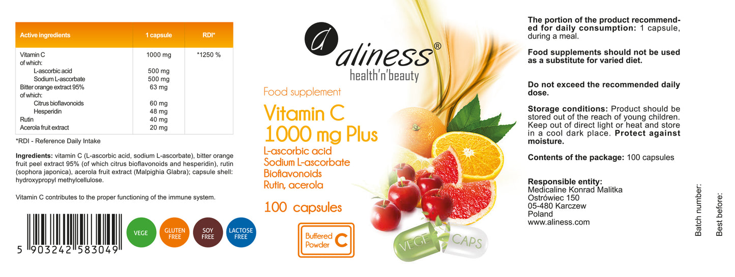 Aliness Witamina C Plus z Rutyną i Acerolą, 100 kapsułek vege