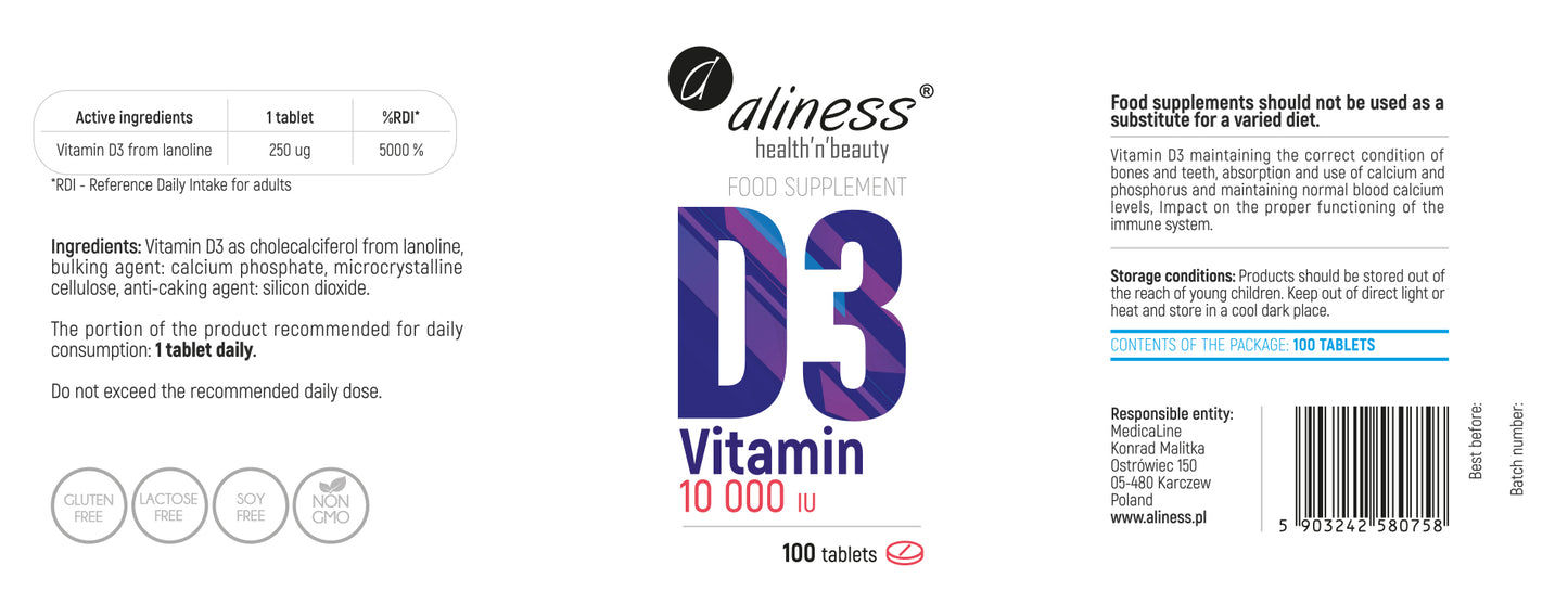 Aliness Witamina D3, 10000IU, 100 tabletek, Maksymalna Dawka