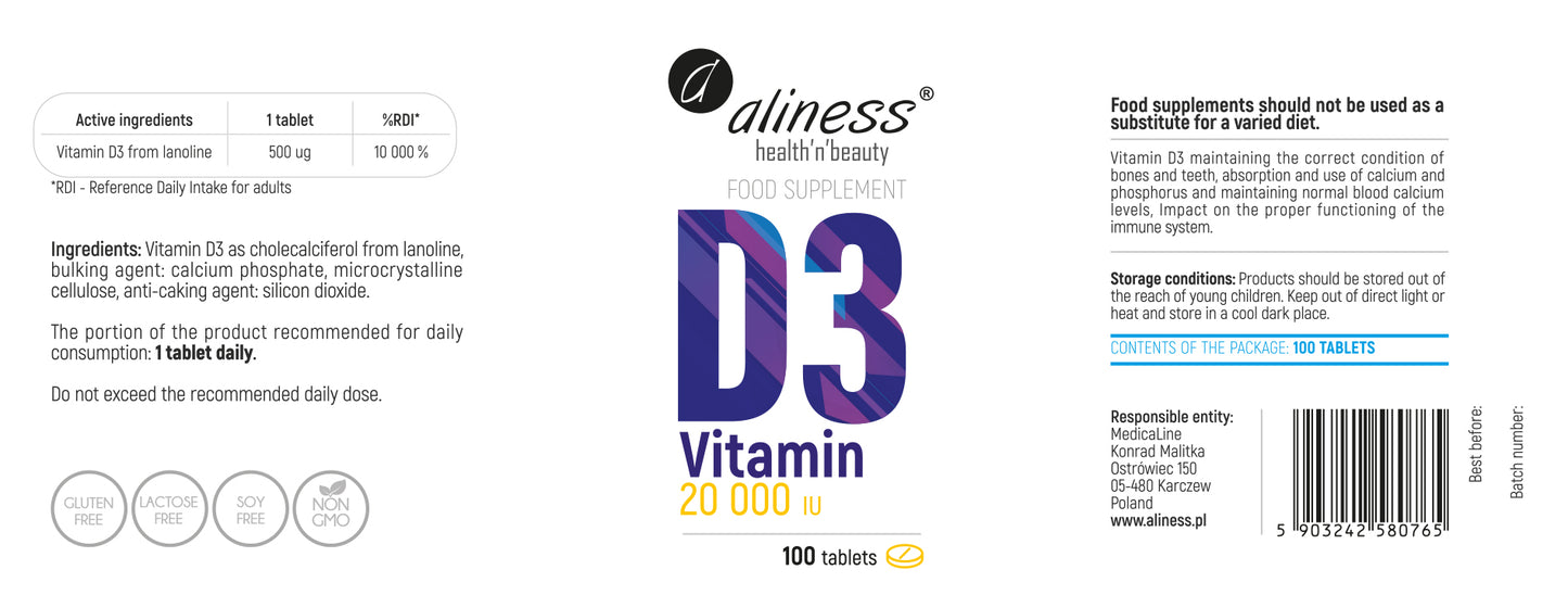 Aliness Witamina D3, 20000 IU, 100 tabletek, Maksymalna Dawka