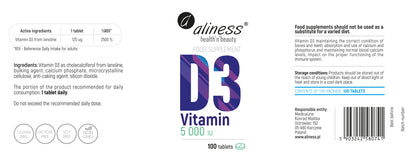 Aliness Witamina D3, 5000IU 100 tabletek, Maksymalna dawka