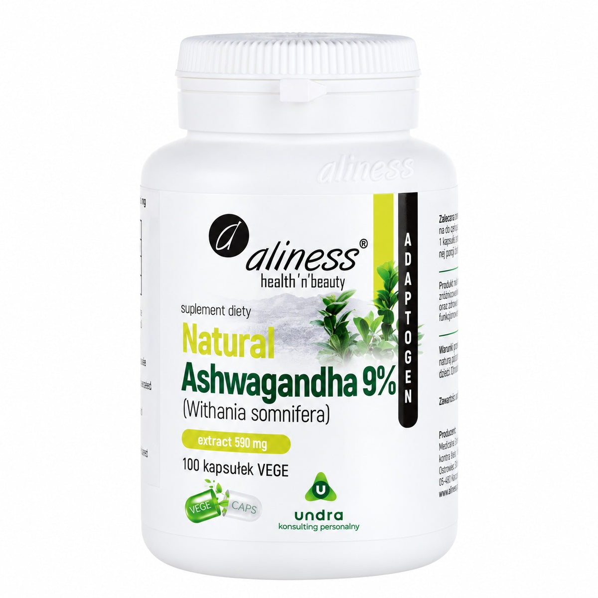 Aliness Naturalna Ashwagandha 580 mg 9%, 100 wegańskich kapsułek
