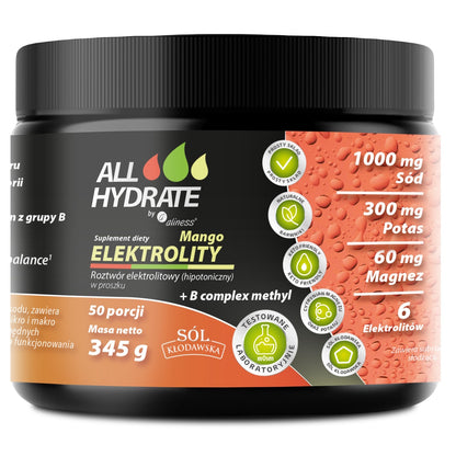 ALLHydrate, Elektrolity Mango + B Complex Methyl 345 g, 50 porcji