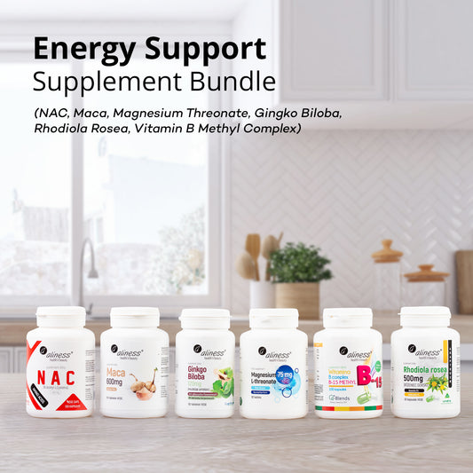 Energy Support Supplement Bundle (NAC, Maca, Magnesium Threonate, Gingko Biloba, Rhodiola Rosea, Vitamin B Methyl Complex)