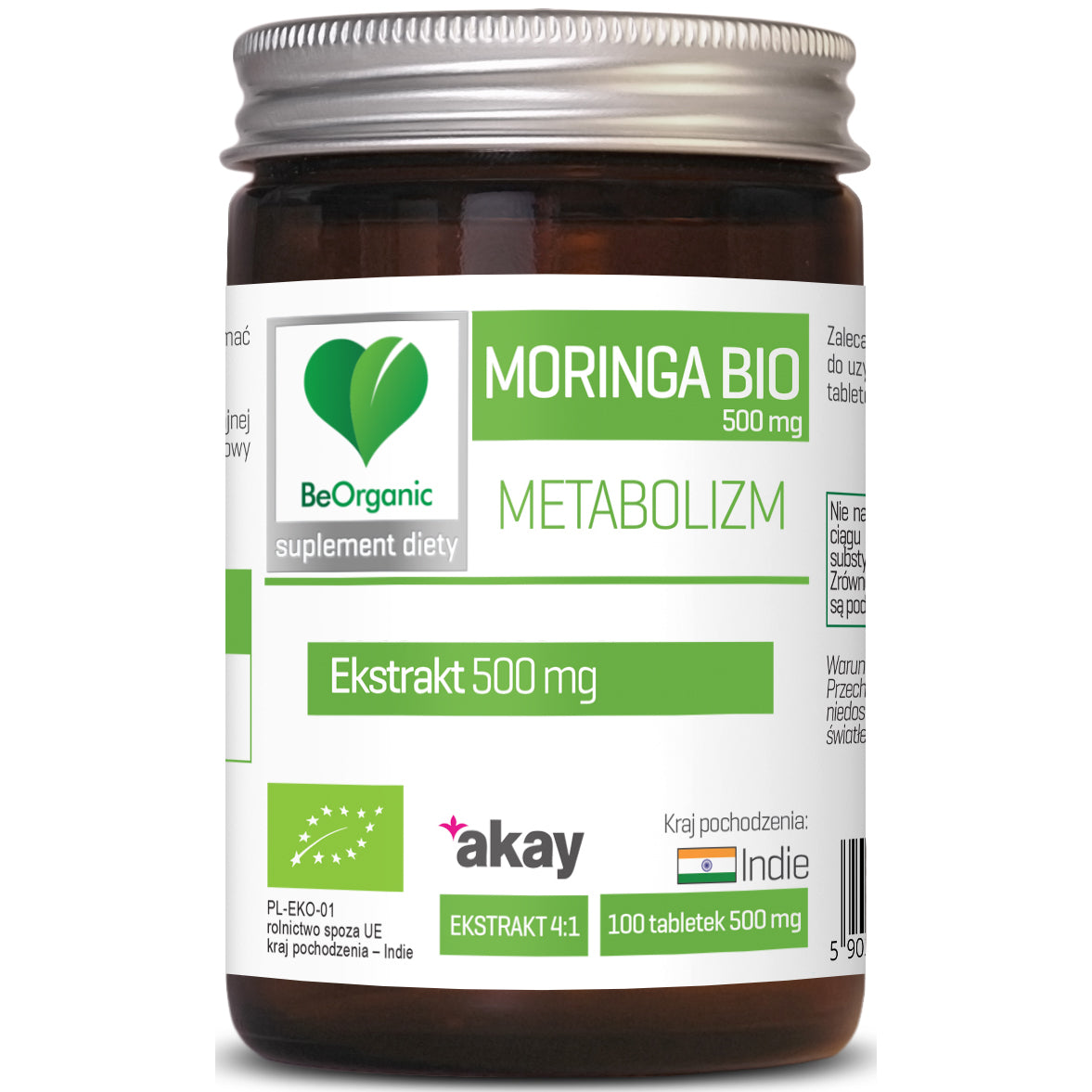 BeOrganic Moringa ekstrakt BIO, 500mg, 100 tabletek