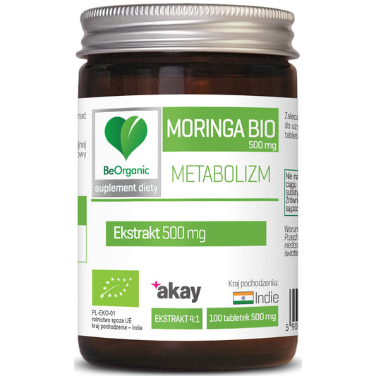 BeOrganic Moringa ekstrakt BIO, 500mg, 100 tabletek