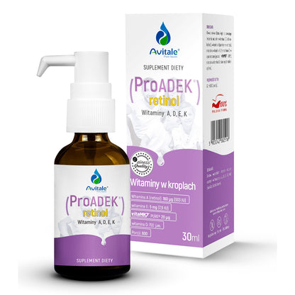 Avitale Pro ADEK krople z retinolem, witaminy rozpuszczalne w tłuszczach, 30ml w kroplach, Aliness